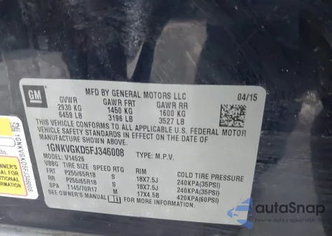 2015 Chevrolet Traverse 1Lt from USA, damaged, VIN 1GNKVGKD5FJ346008